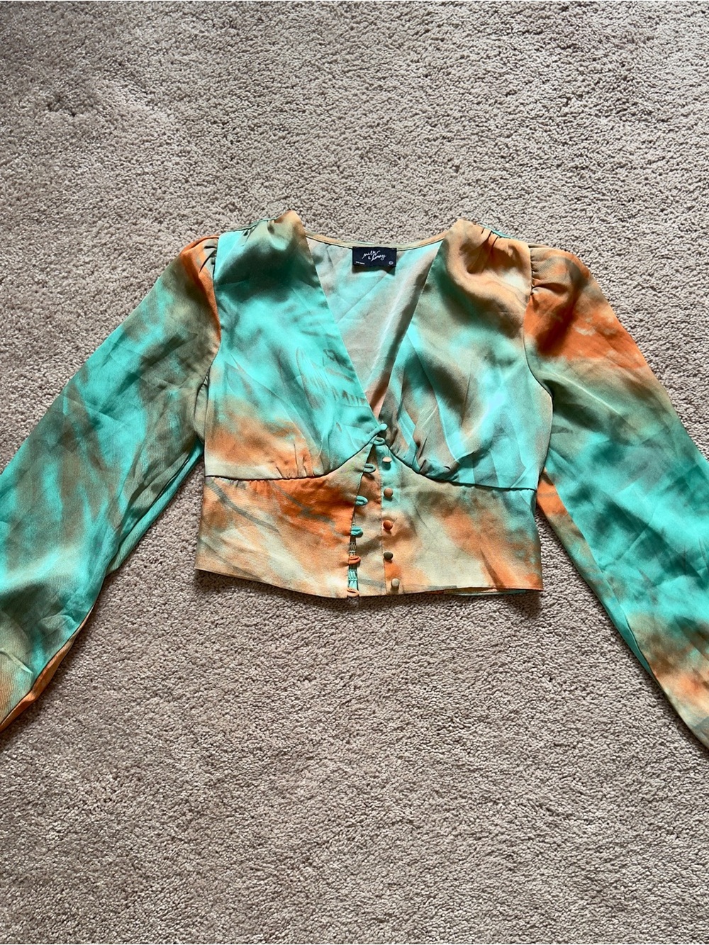 Tie-Dye V-Neck Cropped Blouse in Aqua & Orange